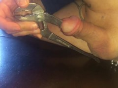 Big pliers stuffed inside huge cock painfull dick torture