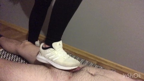 Trampling cocks and balls in white adidas (CBT)