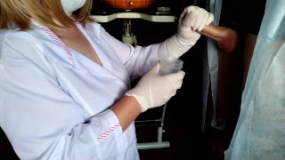 Caring female doctor taking a cum analysis on her knees