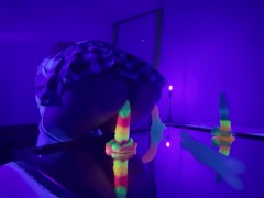 School girl rides huge glowing 