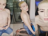 Femboy in jeans shorts and dirty feet fucks transparent fleshlight