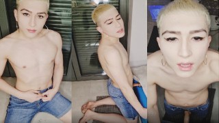 Femboy in jeans shorts and dirty feet fucks transparent fleshlight