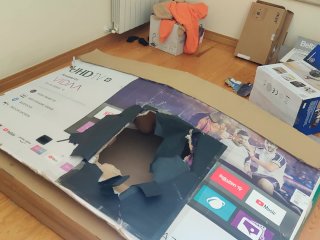 Stepsister receives anal internal cumshot through a hole in a box