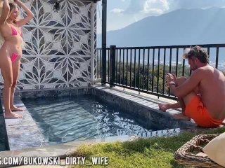 Sexy blonde in bikini sucks cock and fucks outdoors by the pool screenshot number 0