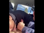 Preview 1 of Latin boy giving big dick blowjob in car in public