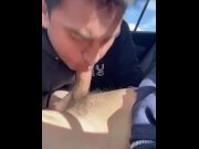 Preview 2 of Latin boy giving big dick blowjob in car in public