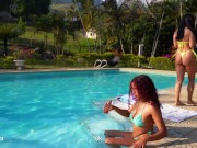Preview 1 of I fuck with my friend in the pool until we cum, we wait for the gardener to join - BlackBarbie