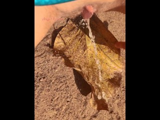 Chica Meando En Una Gran Hoja que Ha Caído De un árbol Al Suelo En La Naturaleza Park