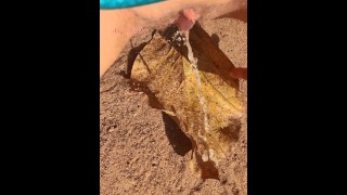 Girl Pissing on a large leaf that has fallen from a tree to the ground in Nature Park