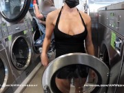 Preview 5 of Wearing a tiny black dress to the laundromat and flashing my tits and pussy.