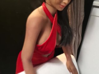 big cock, standing doggystyle, red dress, big tits