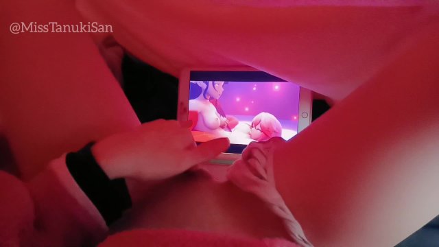 POV Kawaii Asian girl touching herself watching lesbian porn hentai wet Pink Pussy family are home