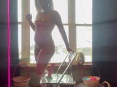 Sexy Easter bunny babe delivers eggs and squirts all over bad dragon dildo