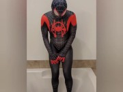 Preview 1 of Desperate to pee, stuck in my Spiderman suit, big release at the end