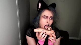 Goth trans cat girl gets her lipstick all over master's cock