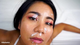 Facial cumshots voor Aziatische milf slet