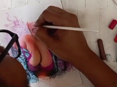 Erotic Art of a sexy passionate brunette girl in purple strip teasing