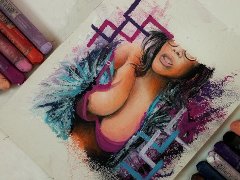 Erotic Art of a sexy passionate brunette girl in purple strip teasing