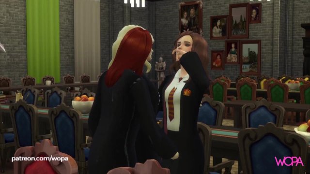 Naughty girls rubbing each other. Lesbians at the dinner table at Hogwarts. Hermione, Ginny and Luna