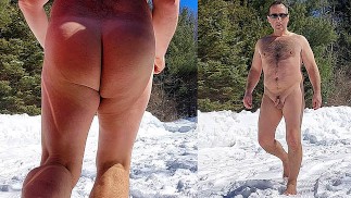 赤身裸体地在雪地里的小径停车，差点被抓住！