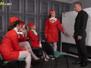 Preview 2 of Group of CFNM stewardesses sucking guy cock in femdom action