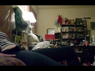 Cute trans girl discreetly cums in living room, while roommates in other room