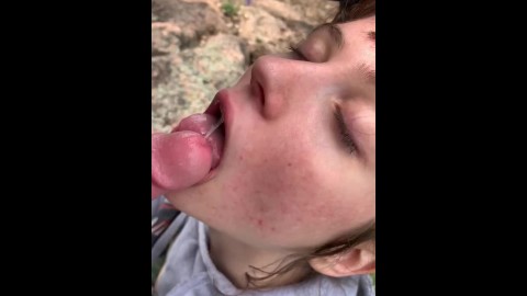 Amateur teen tastes cumshot outdoors