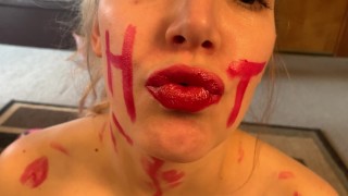 Summer Fun! Cute Girl Covers Herself In Red Lipstick & Touches Herself For You To Watch