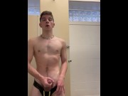 Preview 2 of Cute twink jacks off in a public bathroom with the door open