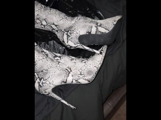 I Cum on Wife's Snake Skin Thigh High Boots