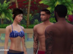 Tattooed brunette having sex with two strangers on public beach