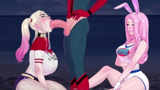 SexNote | Girl cosplayer in the image of Harley Quinn gave a blowjob to Spiderman in front of a girl