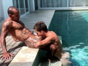 Preview 1 of muscular, married, tattooed hunk fucks hot twink outdoors with BBC and cums on face