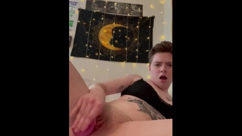 Sexy Tattooed Ftm Femboy fucks himself with big Pink Dildo