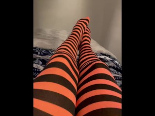 Playing with my body and cumming in my striped tights