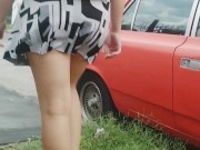 Preview 1 of flashing public without panties upskirt on the street theater sex caught