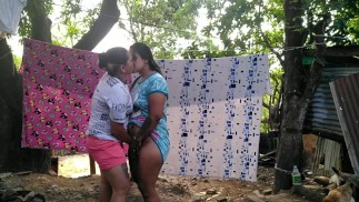 Excited lesbian cheats on her girlfriend with her big ass best friend in the backyard of the house