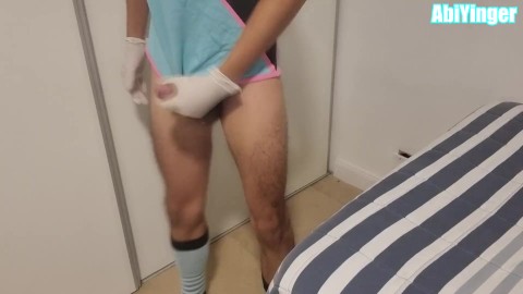twink jerks off with latex glove in cute abdl onesie