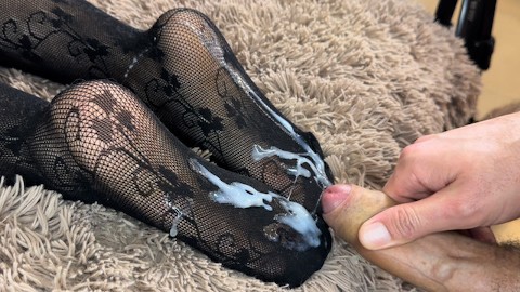 Black stockings footjob and huge load on soles