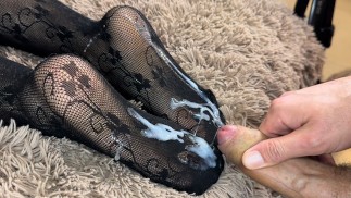 Black stockings footjob and huge load on soles