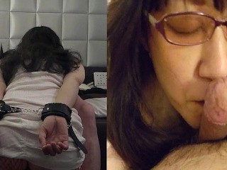 無修正　熟年カップル両手を拘束されても、私の嫌らしいお口で、いかしてあげる！