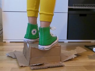 crushing carton box, feet, sneaker trample, solo female