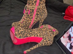 Cum all over Leopard Print High heel ankle boots!