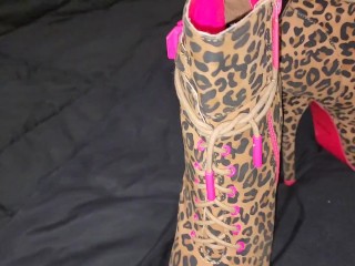 Cum all over Leopard Print High Heel Ankle Boots!