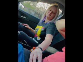 Shy Blonde Girl gives a Blowjob while Driving Amateur Couple Video