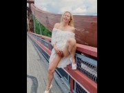 Preview 4 of Hot MILF in public fingering an orgasm on the bridge over the busy highway