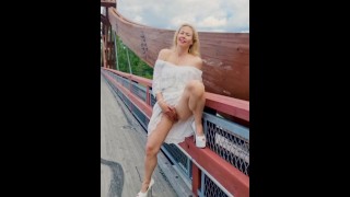 Hot MILF In Public Fingering An Orgasm On The Bridge Over The Busy Highway