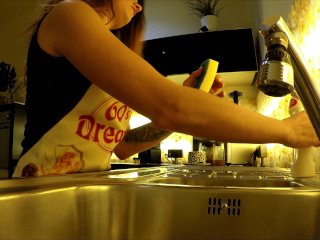 Cute Small Tits Hot New Wife at home in the Kitchen with only an Apron and Without any Underwear