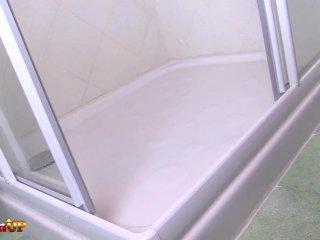 After removing her skirt, t-shirt and heels, redhead Irina Vega showers while still using a set of b