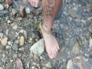 Preview 3 of Walking barefoot in the river. Hairy legs. Ankles jewelery.